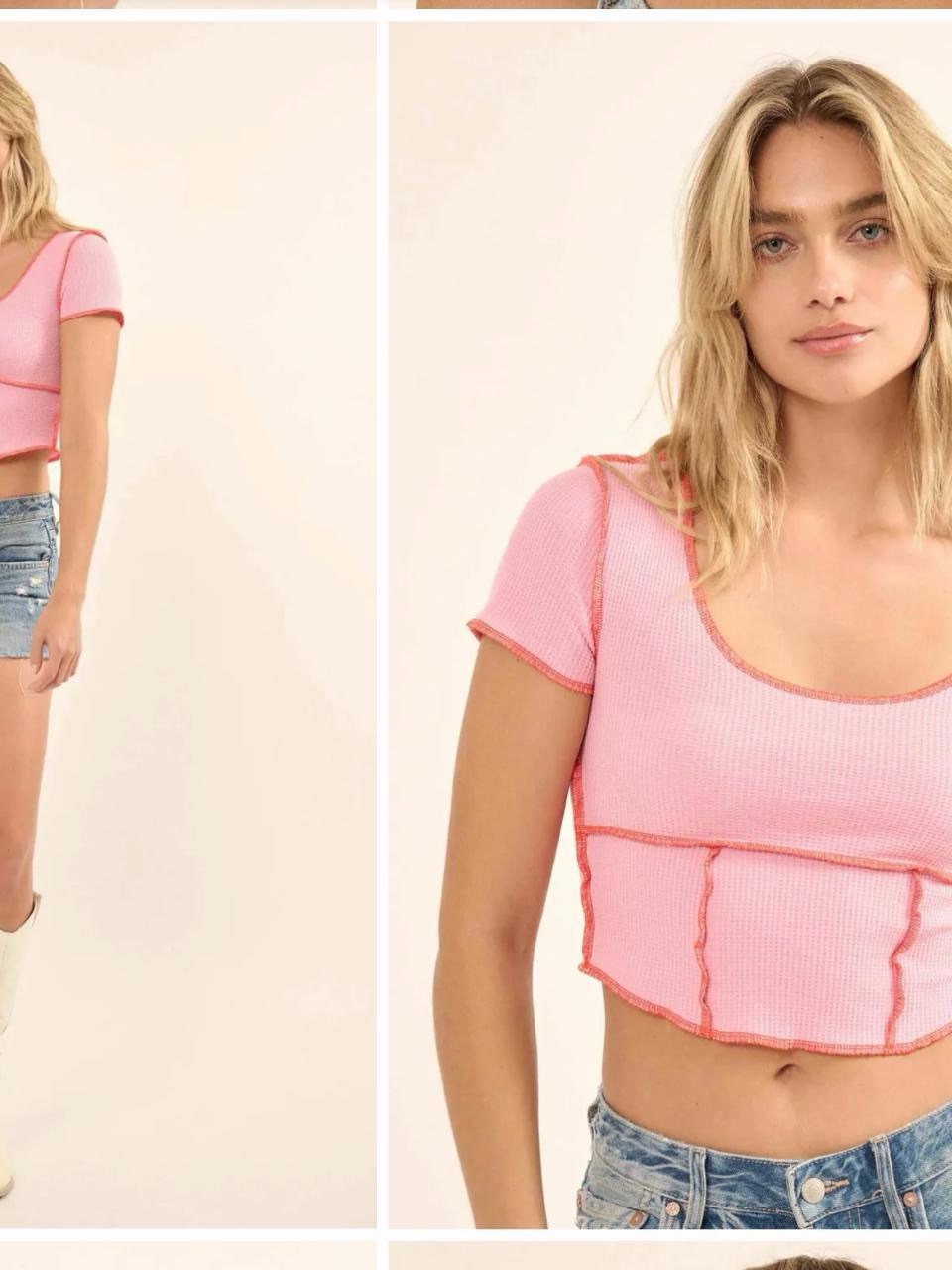 Promesa Pink Ribbed Short Sleeve Crop Top With Contrast Seams
